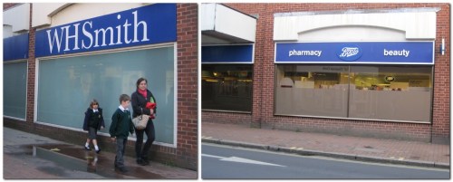2 photos of blank windows at Boots, Lewes