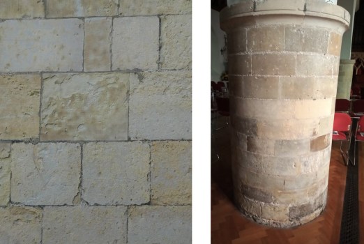 Caen stone ashlar blocks at Lewes Priory, and Southover Church pillars