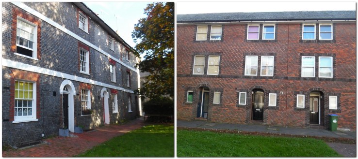Contrasting bricks in Waterloo Place, Lewes, and flats opposite