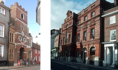 Red bricks on Market Tower, and Lewes Town Hall