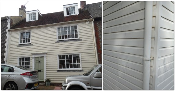 Shiplap planking in Sun Street, and plastic cladding on Cockshut Road, Lewes