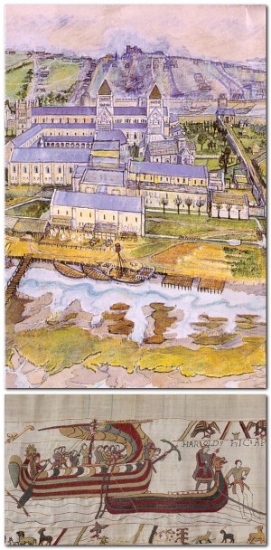 Cockshut in medieval Lewes, artist's reconstruction, Vessels from Bayeux Tapestry