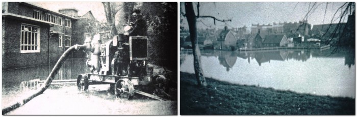 Pumping out flooded school, Potters Lane, 1960 (left), Flooded school playing field, 1960 (right)