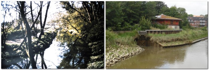 Winterbourne in the Railway Land (left), and entering the Ouse near the Linklater Pavilion (right)