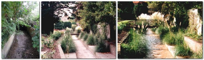 Winterbourne at school car park, Grange Gardens, dry, flowing