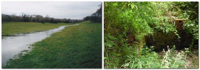 Winterbourne streaming in winter (left), and near Glebe Close (right)
